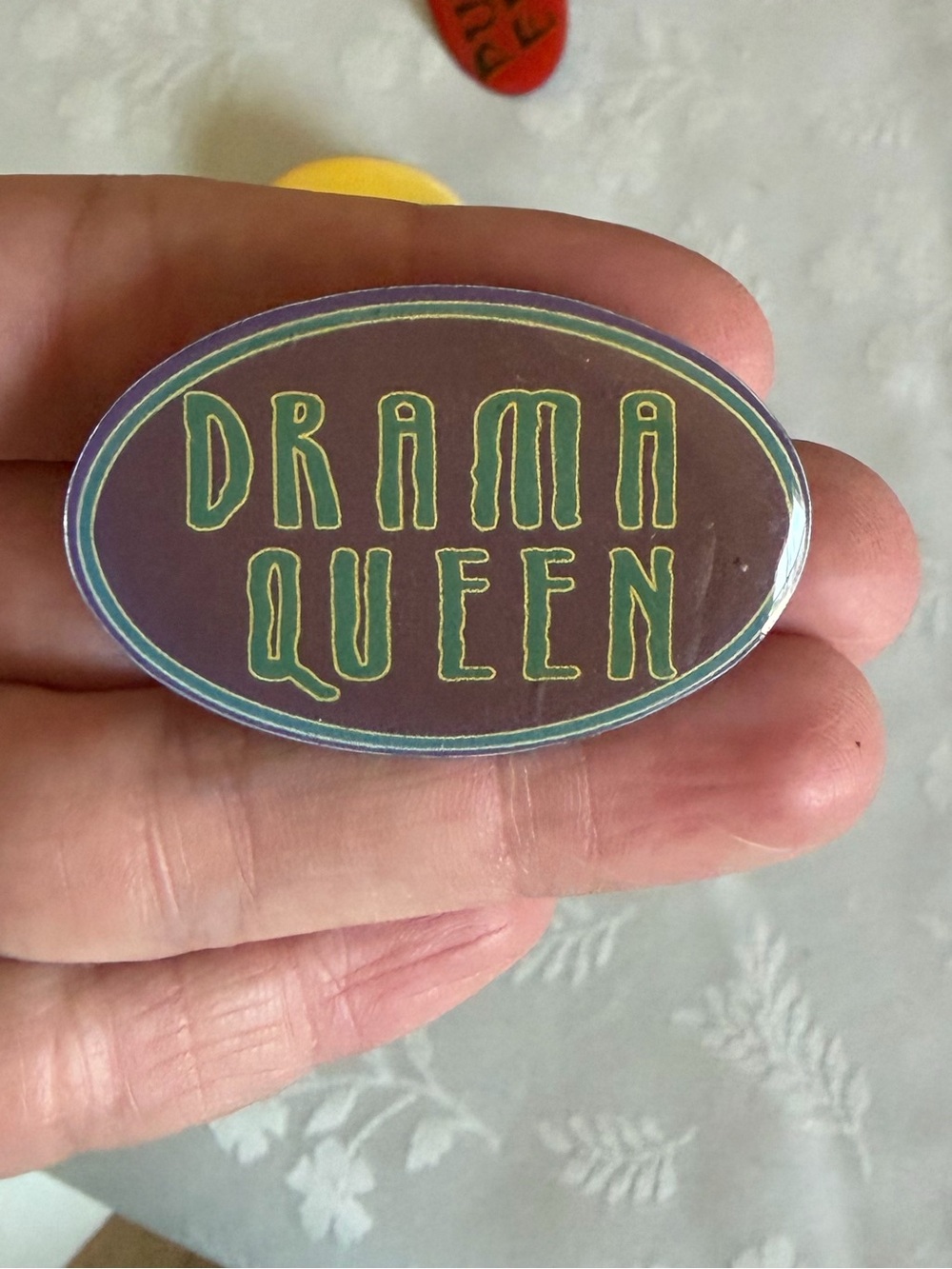 Vintage Drama Queen Oval Pin - Brown Lime Green